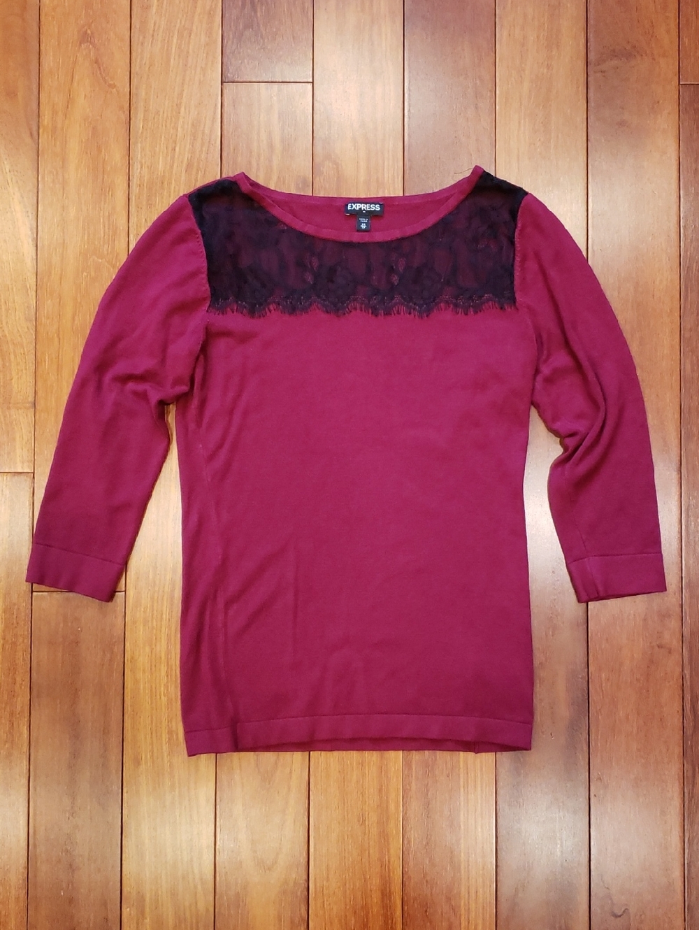 Express sweater with sheer lace detail. Cranberry maroon, black lace. Women's XS